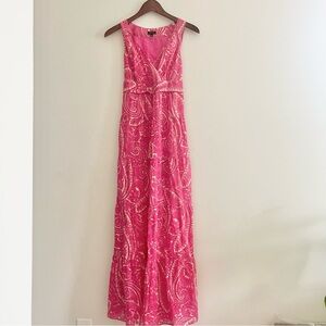 Talbots Pink Paisley Maxi Dress with Tie Back Waist Tiered V Neck Cottagecore 4